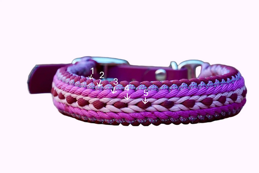 Geflochtenes Hundehalsband in Pink- und Lilatönen mit silberner Metallschnalle