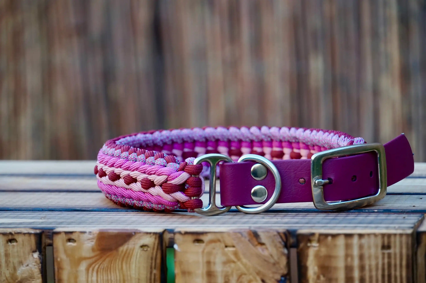Geflochtenes Hundehalsband in Pink- und Lilatönen mit silberner Metallschnalle auf Holztisch.