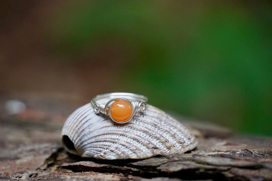 Ring mit einer Karneol Edelsteinperle eingefasst in versilbertem Kupferdraht, platziert auf einer Muschel