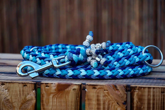 Geflochtene Paracord Hundeleine in Blautönen mit Metallkarabiner und Schmuckperlen am Griff auf holzkiste