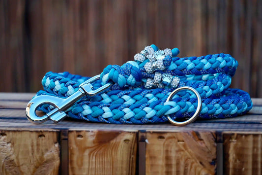 Geflochtene Paracord Hundeleine in Blautönen mit Metallkarabiner und Schmuckperlen am Griff auf Holzkiste