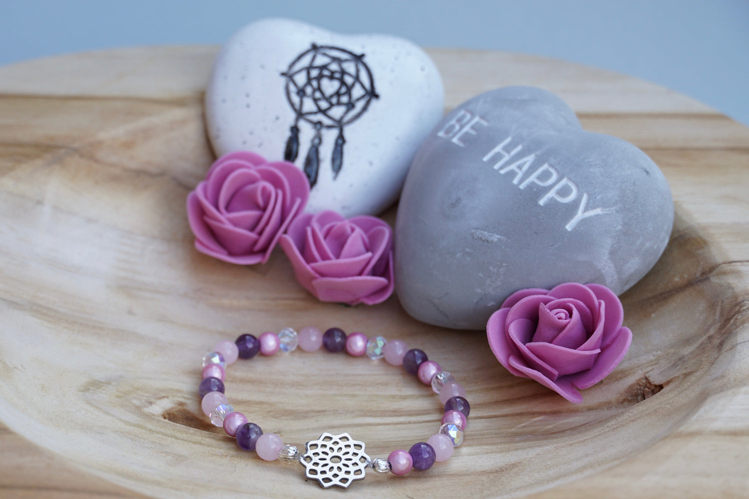 Perlenedelsteinarmband-Rosenquarz-Amethyst-Blume-des-Lebens
