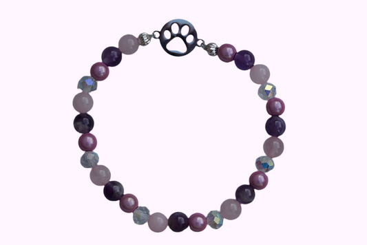Rundes Armband aus Rosenquarz, Amethyst und rosa Acrylperlen mit Glasperlen und Hundepfoten-Anhänger 