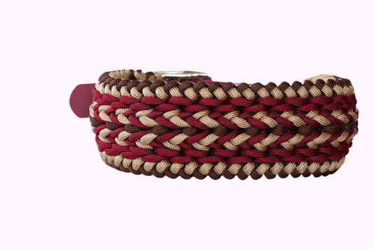 Geflochtenes Hundehalsband aus braunen, weinroten und goldenen Bändern mit silberner Metallschnalle und Löchern zur Größeneinstellung.