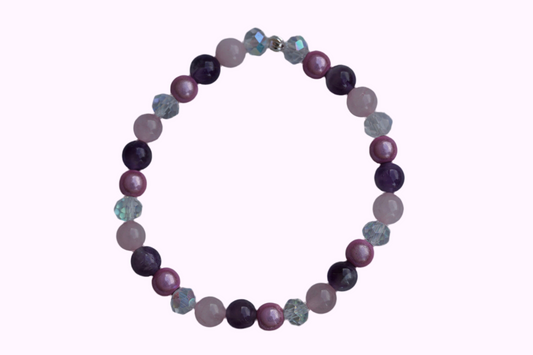Rundes Armband aus Rosenquarz, Amethyst und rosa Acrylperlen mit Glasperlen