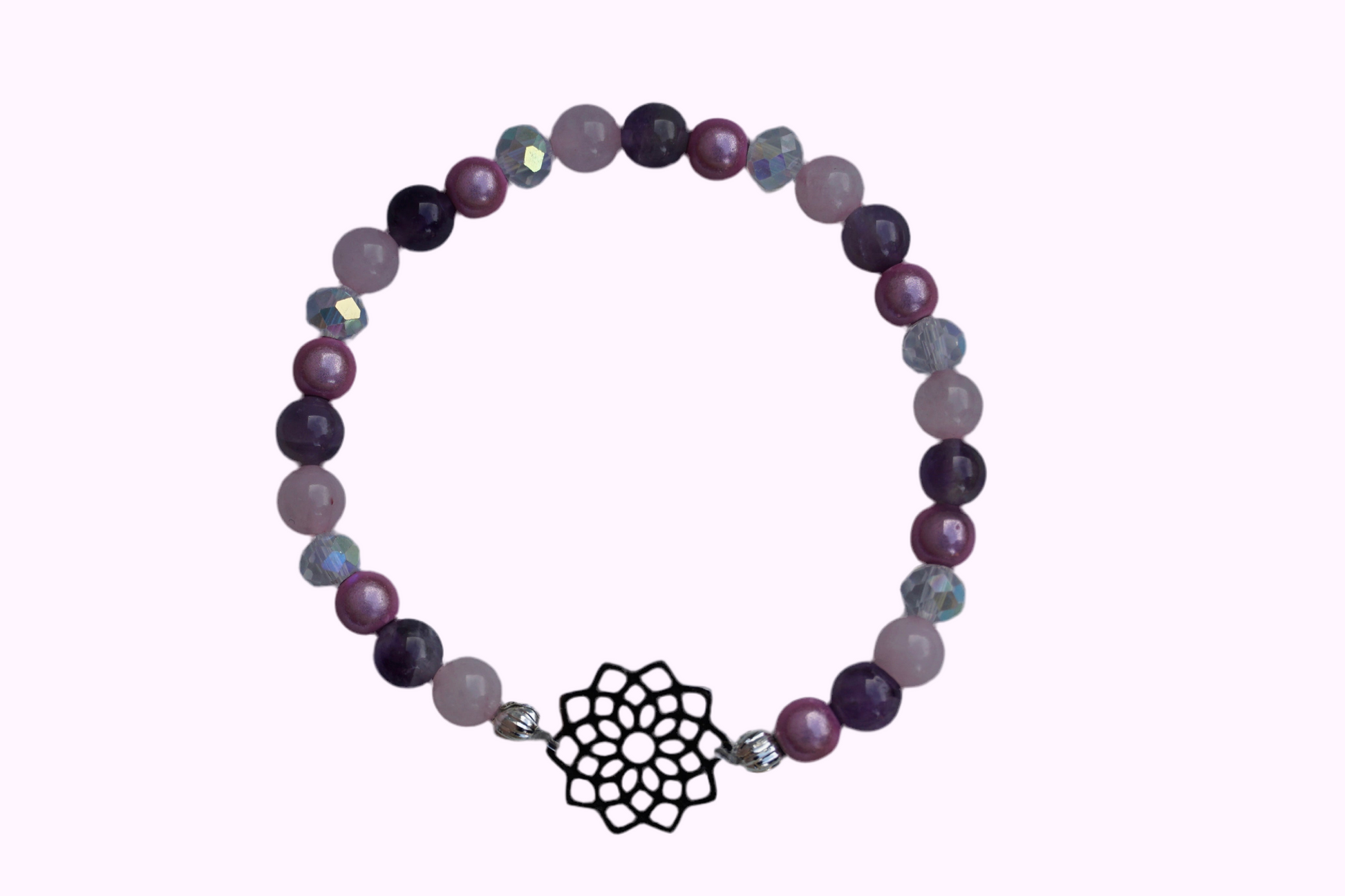Rundes Armband aus Rosenquarz, Amethyst und rosa Acrylperlen mit Glasperlen und Blume des Lebens-Anhänger 