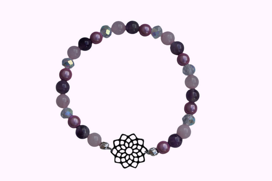 Rundes Armband aus Rosenquarz, Amethyst und rosa Acrylperlen mit Glasperlen und Blume des Lebens-Anhänger 