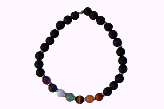 Armband aus schwarzen Lavaperlen mit sieben farbigen Chakrasteinen und kleinen Edelstahlzwischenringen