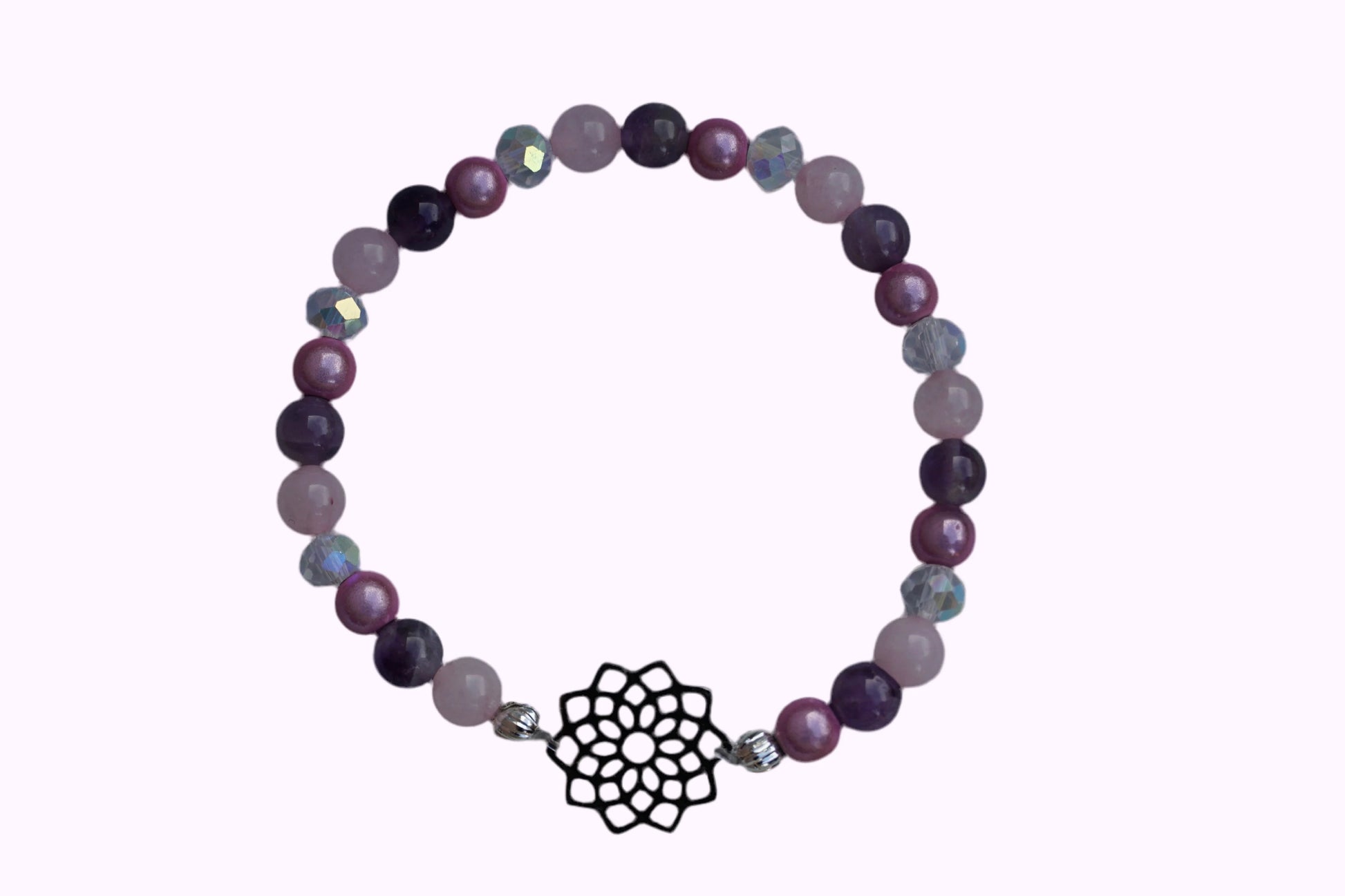 Rundes Armband aus Rosenquarz, Amethyst und rosa Acrylperlen mit Glasperlen und Blume des Lebens-Anhänger 