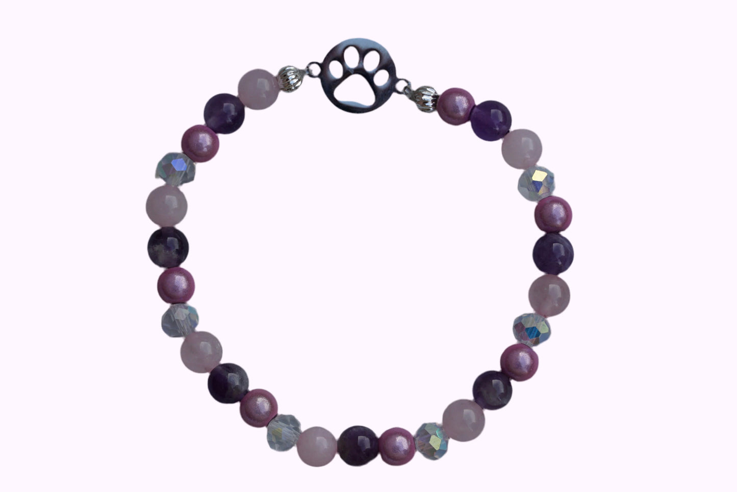 Rundes Armband aus Rosenquarz, Amethyst und rosa Acrylperlen mit Glasperlen und Hundepfoten-Anhänger 
