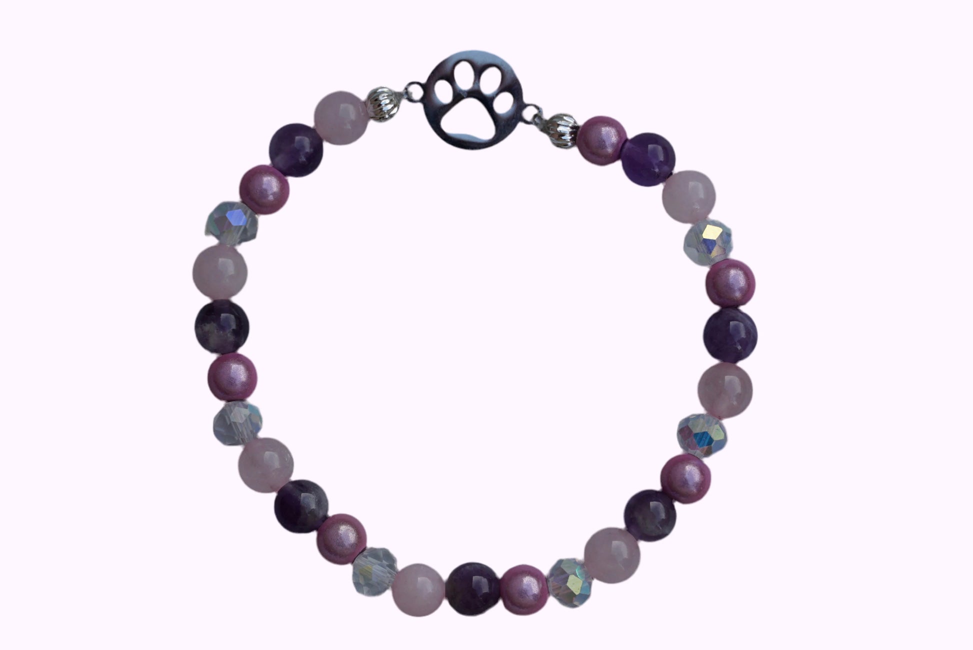 Rundes Armband aus Rosenquarz, Amethyst und rosa Acrylperlen mit Glasperlen und Hundepfoten-Anhänger 