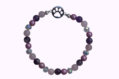 Rundes Armband aus Rosenquarz, Amethyst und rosa Acrylperlen mit Glasperlen und Hundepfoten-Anhänger 