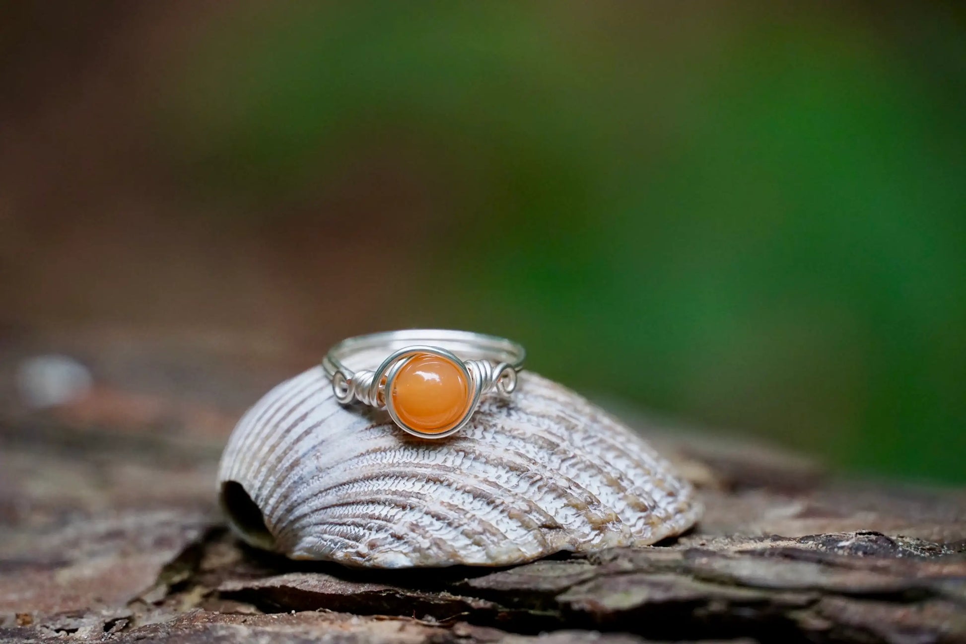 Ring mit einer Karneol Edelsteinperle eingefasst in versilbertem Kupferdraht, platziert auf einer Muschel