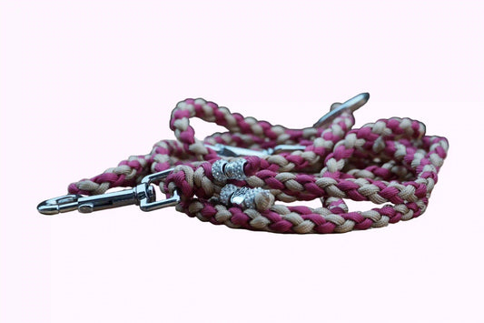 Geflochtene Hundeleine in Rot und Beige mit Metallkarabinern an beiden Enden und einem Metallring.
