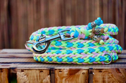 Geflochtene Paracord Hundeleine in fluoreszierenden Pastelltönen mit Metallkarabiner und Schmuckperlen am Griff auf Holzkiste