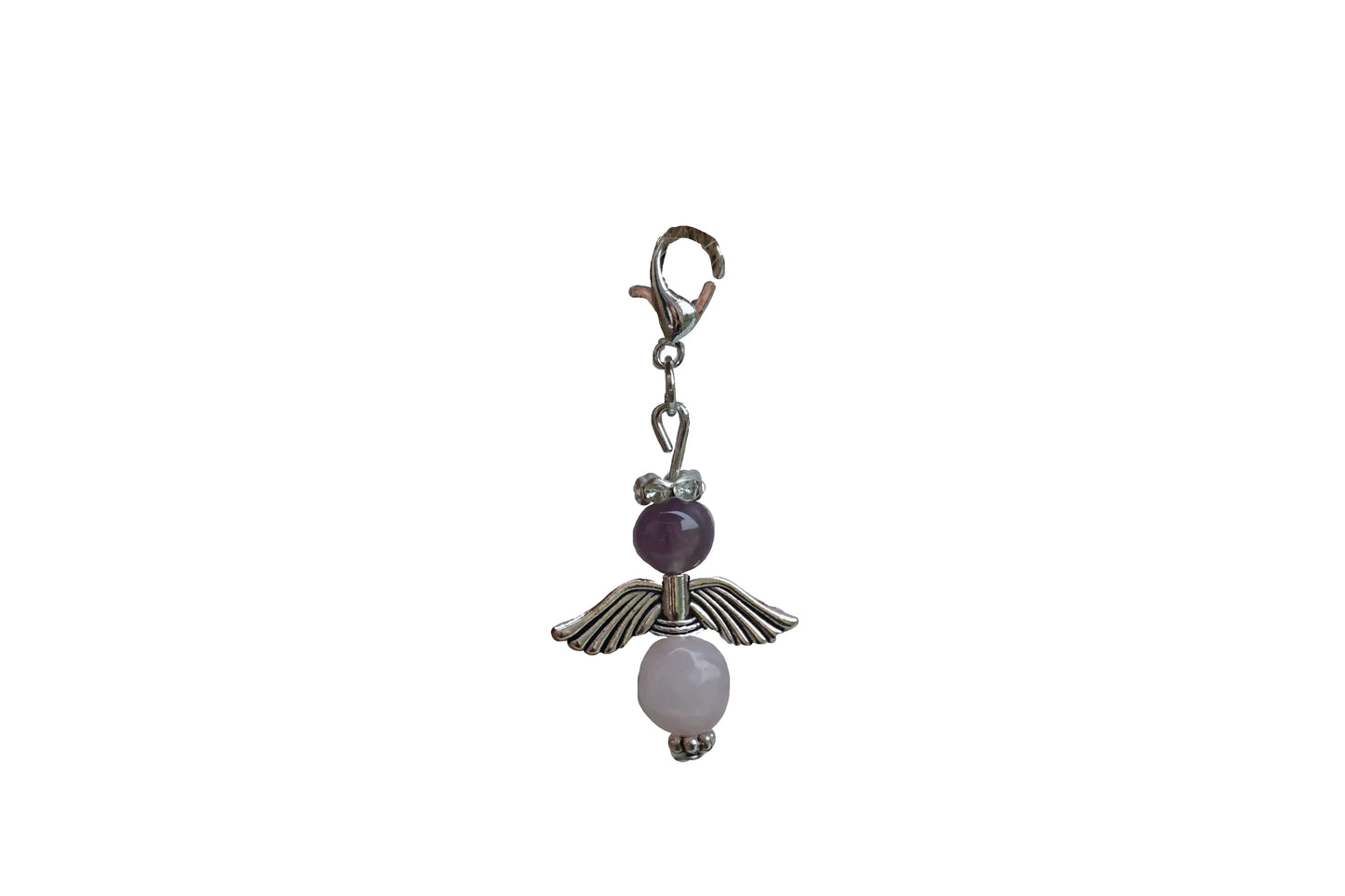 Anhänger in Form eines Schutzengels mit Amethyst- und Rosenquarzperlen, silberfarbene Flügel