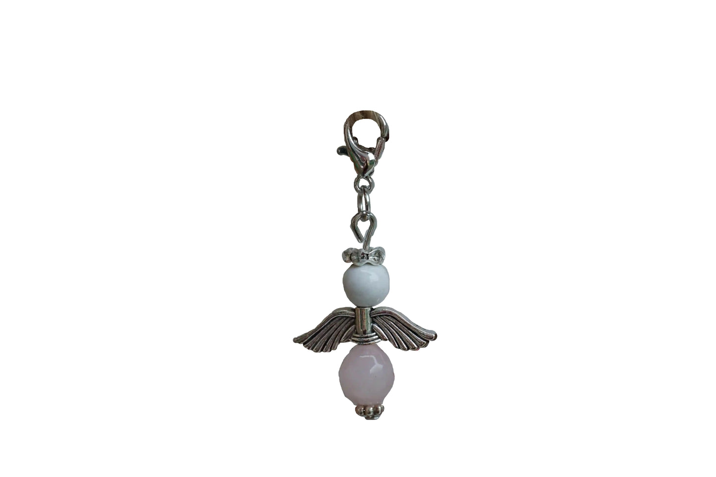 Anhänger in Form eines Schutzengels mit Magnesit- und Rosenquarzperlen, silberfarbene Flügel