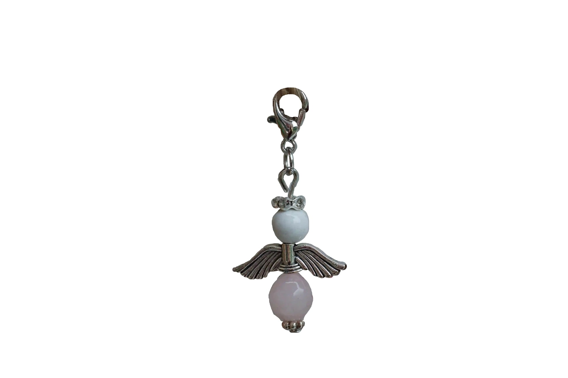 Anhänger in Form eines Schutzengels mit Magnesit- und Rosenquarzperlen, silberfarbene Flügel