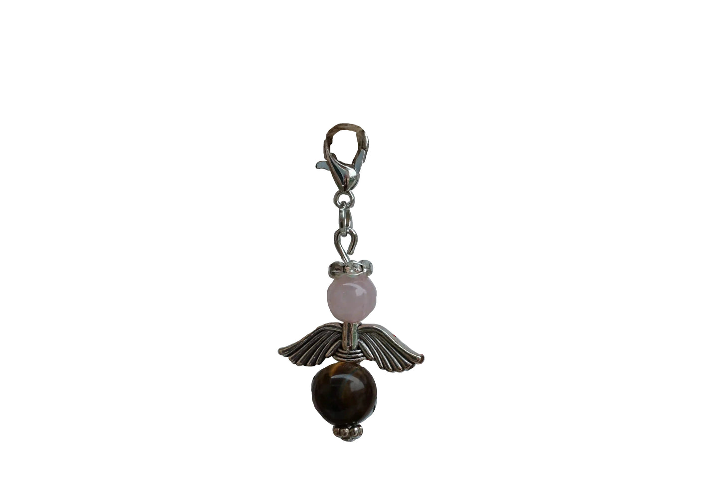 Anhänger in Form eines Schutzengels mit Rosenquarz- und Tigeraugeperlen, silberfarbene Flügel