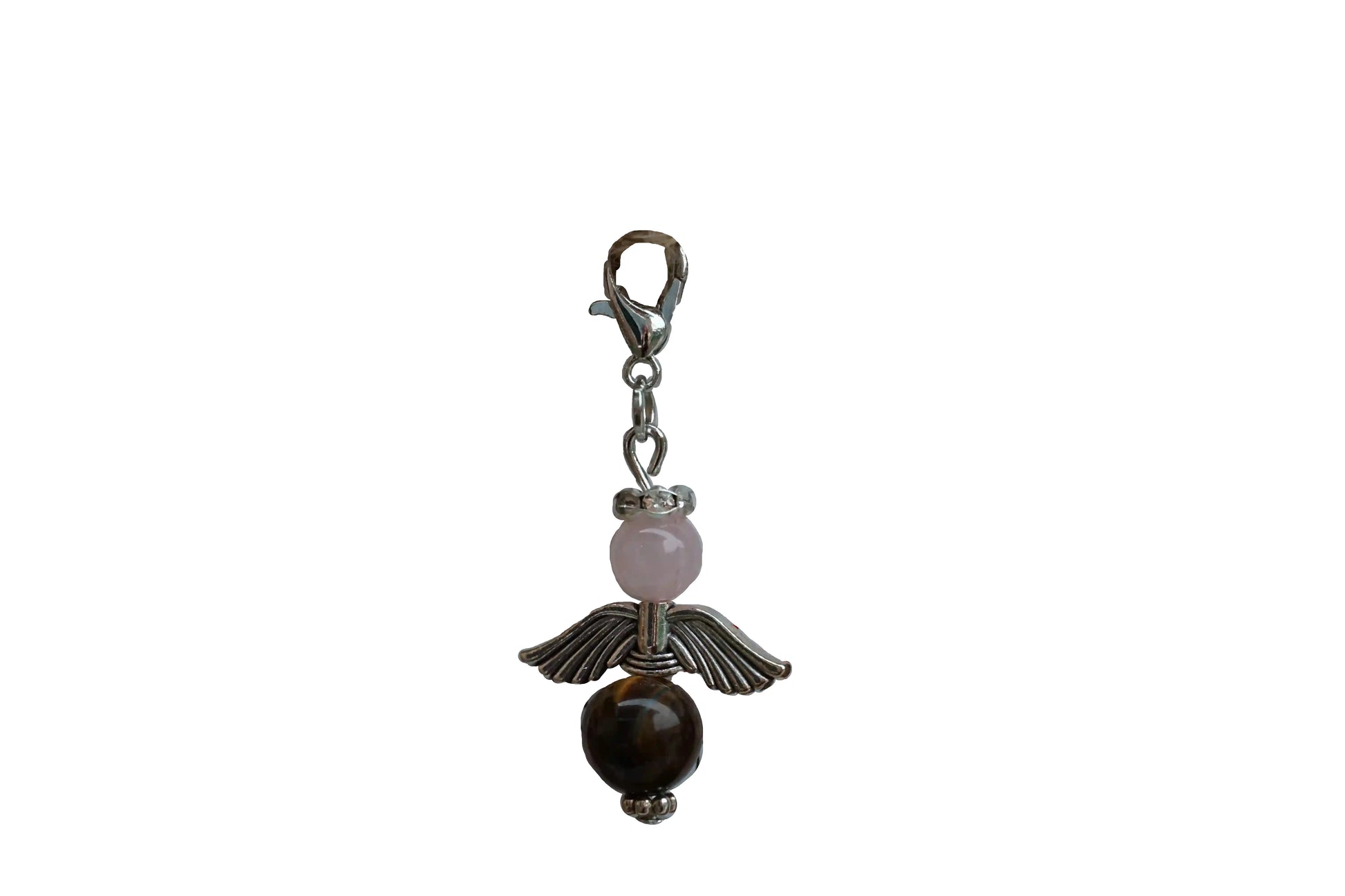 Anhänger in Form eines Schutzengels mit Rosenquarz- und Tigeraugeperlen, silberfarbene Flügel