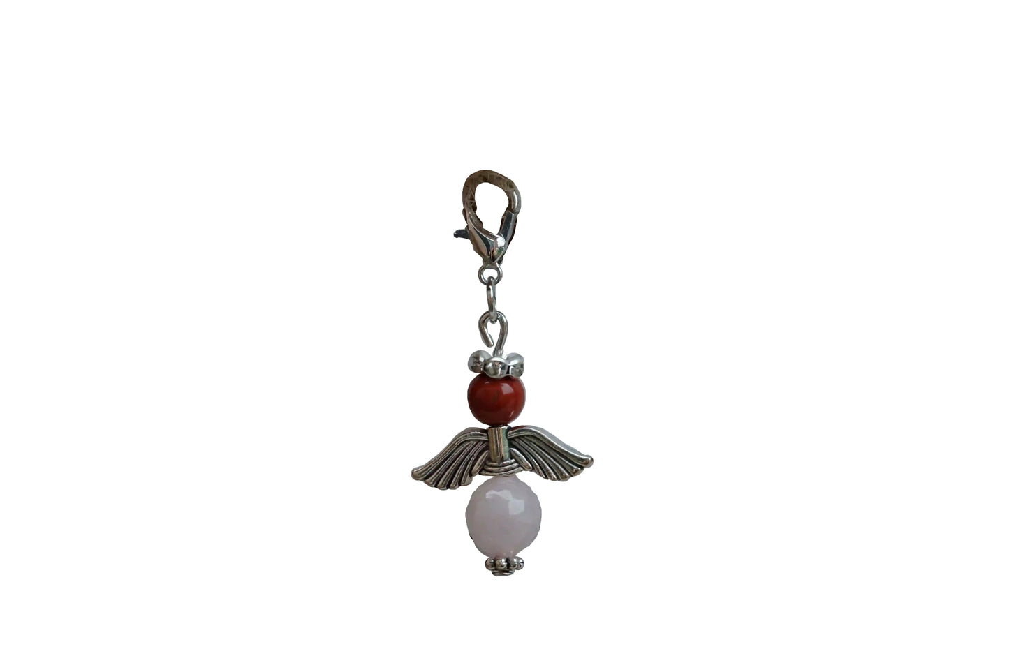 Anhänger in Form eines Schutzengels mit roter Jaspis- und Rosenquarzperlen, silberfarbene Flügel