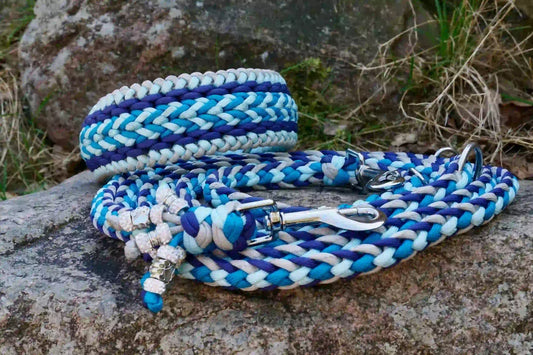 Geflochtene Hundeleine und Halsband in Blau- und Grautönen mit Metallkarabinern und Zierperlen auf einem Stein