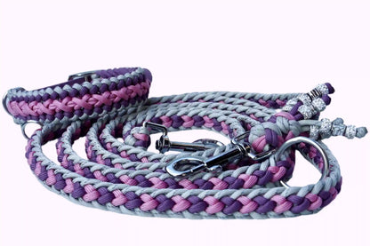 Geflochtene Hundeleine und Halsband in Lila- und Grautönen mit Metallkarabinern und Zierperlen